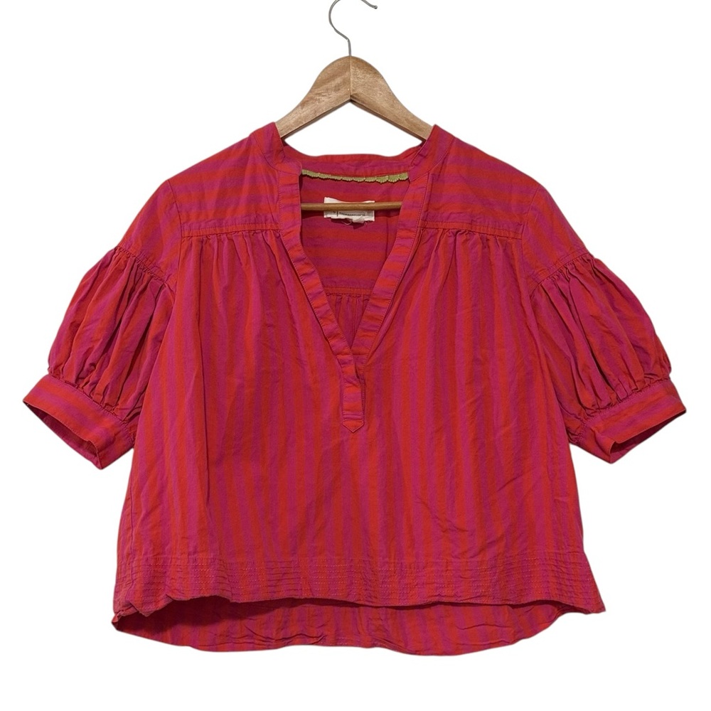 Anthropologie The Darcey Popover Swing Top Striped Blouse Puff Sleeve Women’s MP - Picture 2 of 10